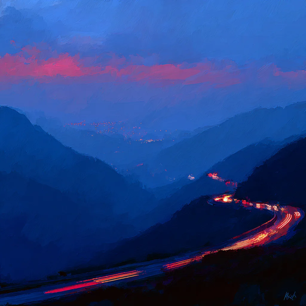 A painting of a mountain highway at dusk with the light trails of trucks.