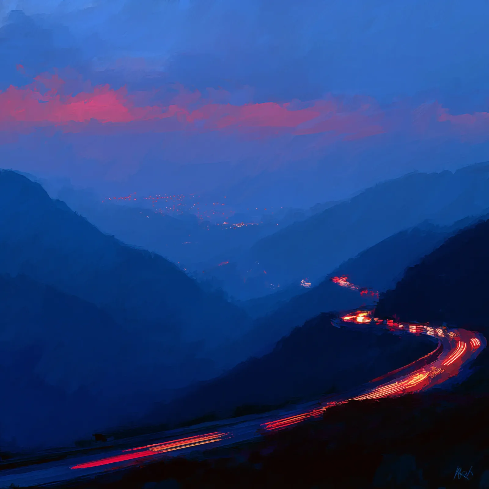 A painting of a mountain road at dusk with the red trails of trucks winding through the valley.