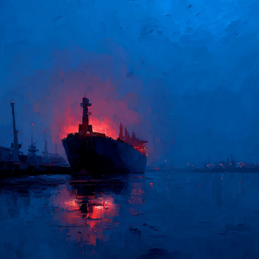 A painting of a container ship lit in red at a harbor at night.