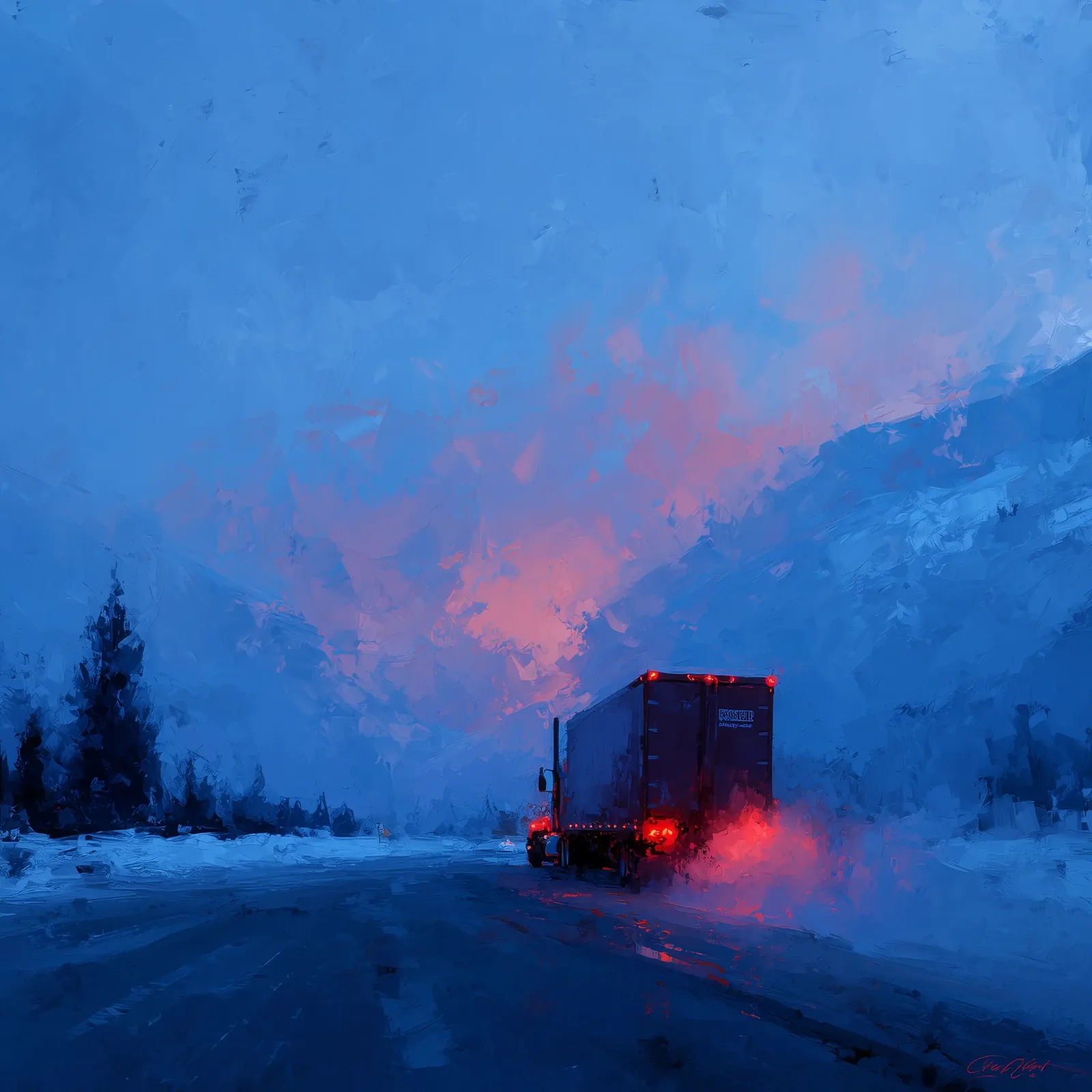A painting of a truck driving through snow on a mountain road.