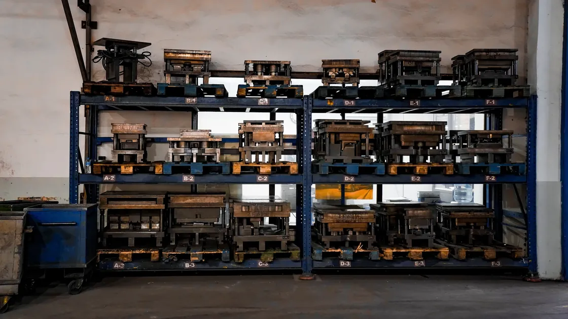 Metal tooling and molds arranged on blue numbered industrial shelving.