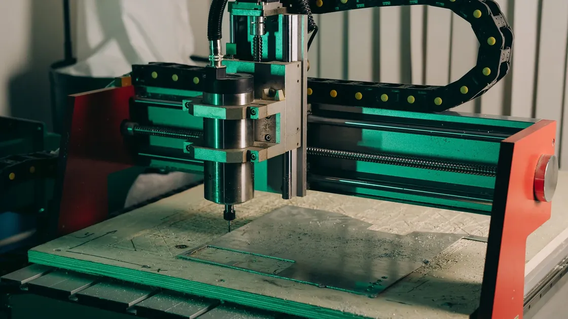 A CNC spindle above sheet material on a workshop machining bed.