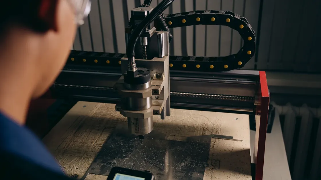 An operator watches a CNC machine with a handheld control visible in the foreground.