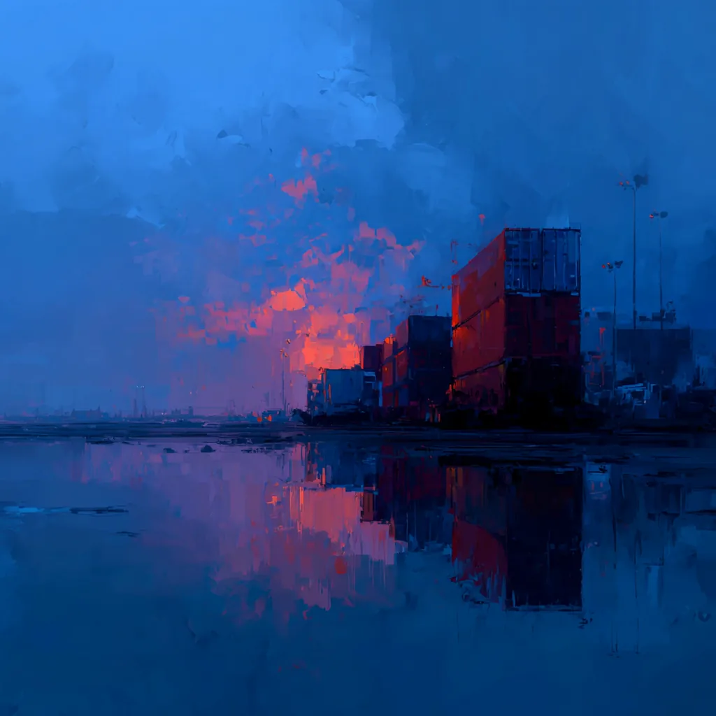 Shipping containers stacked on a beach at dusk, painted in blue and red.