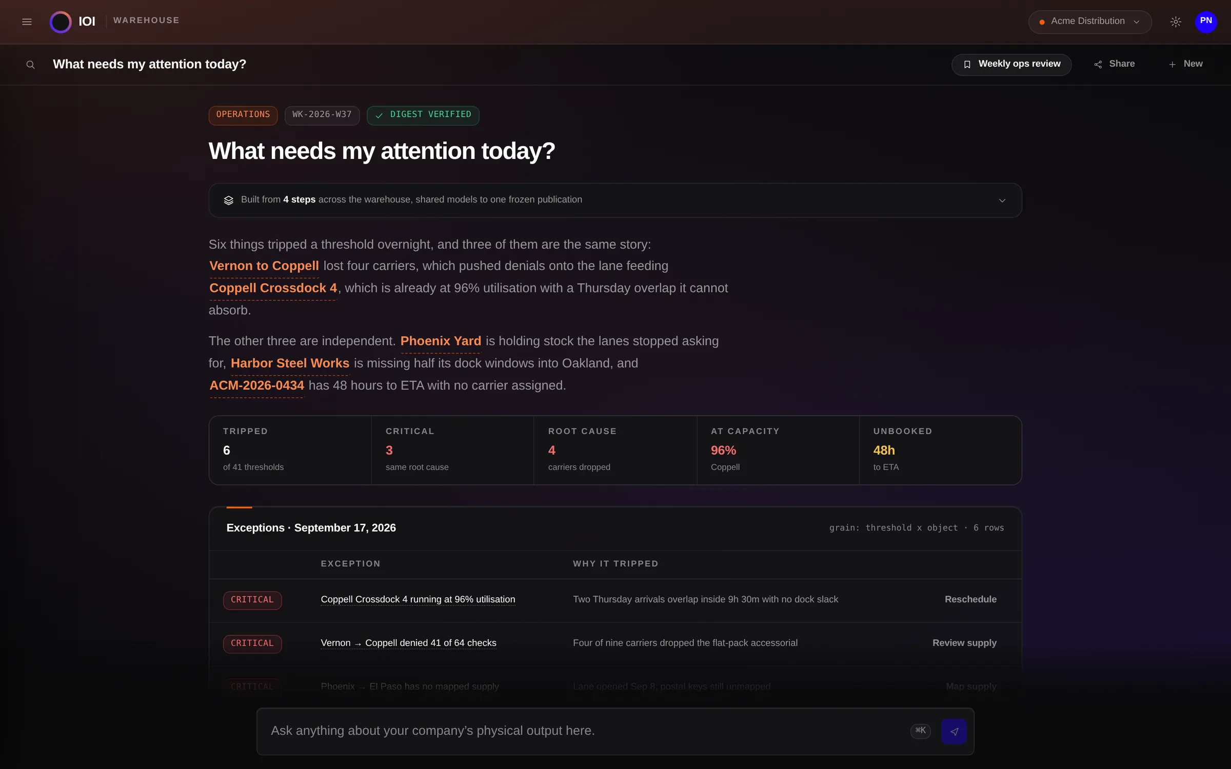 IOI Search answering what needs attention today across facilities, lanes and suppliers.